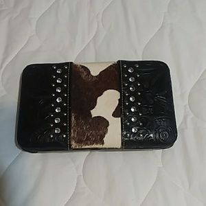 Cowhide and rhinestone clutch